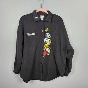 Peanuts Women M‎ Fleece Shacket Button Front Oversized Snoopy Graphic Soft Black